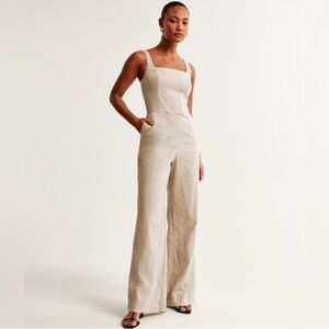 Abercrombie & Fitch Beige Square-Neck Linen Jumpsuit